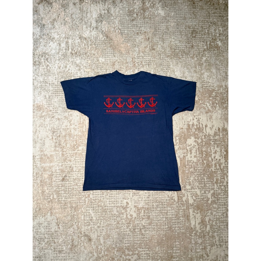 Vintage 80s Sanibel Island Single Stitch Anchor Graphic Print Blue T-Shirt